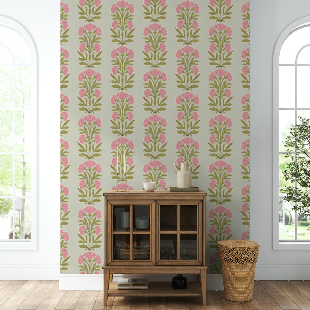 Retro Pink Floral Stripe Wallpaper