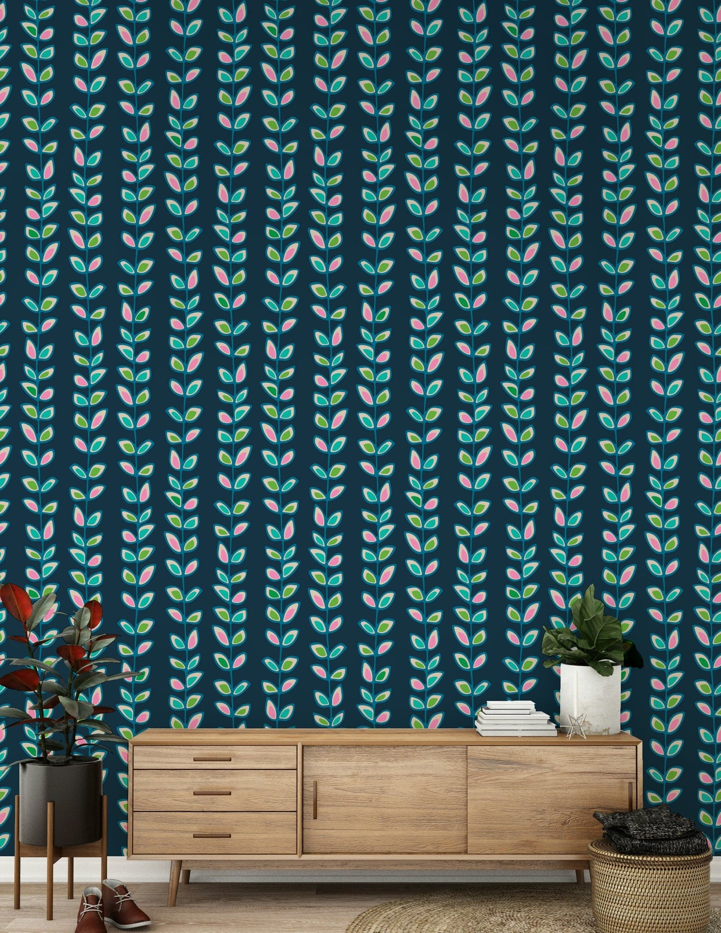Navy wallpaper featuring hand-drawn retro leaves rising along slender botanical vine stripes.