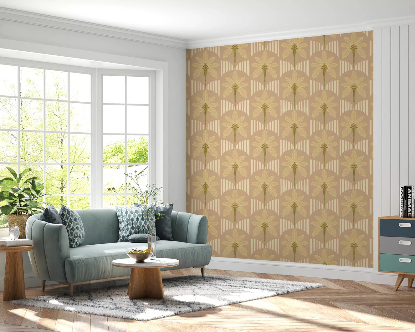 Beige and gold palm wallpaper styled across a modern living room interior