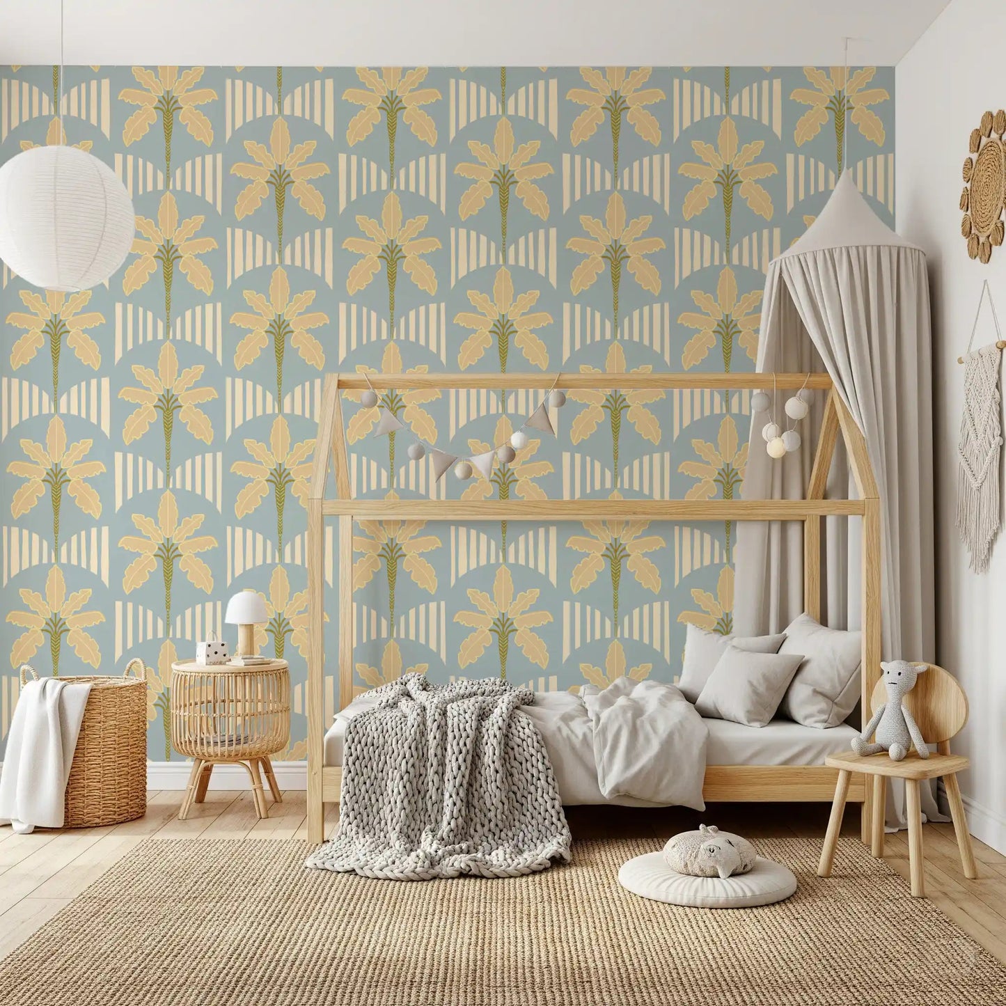 Papier peint à motif d'oasis de palmiers rétro