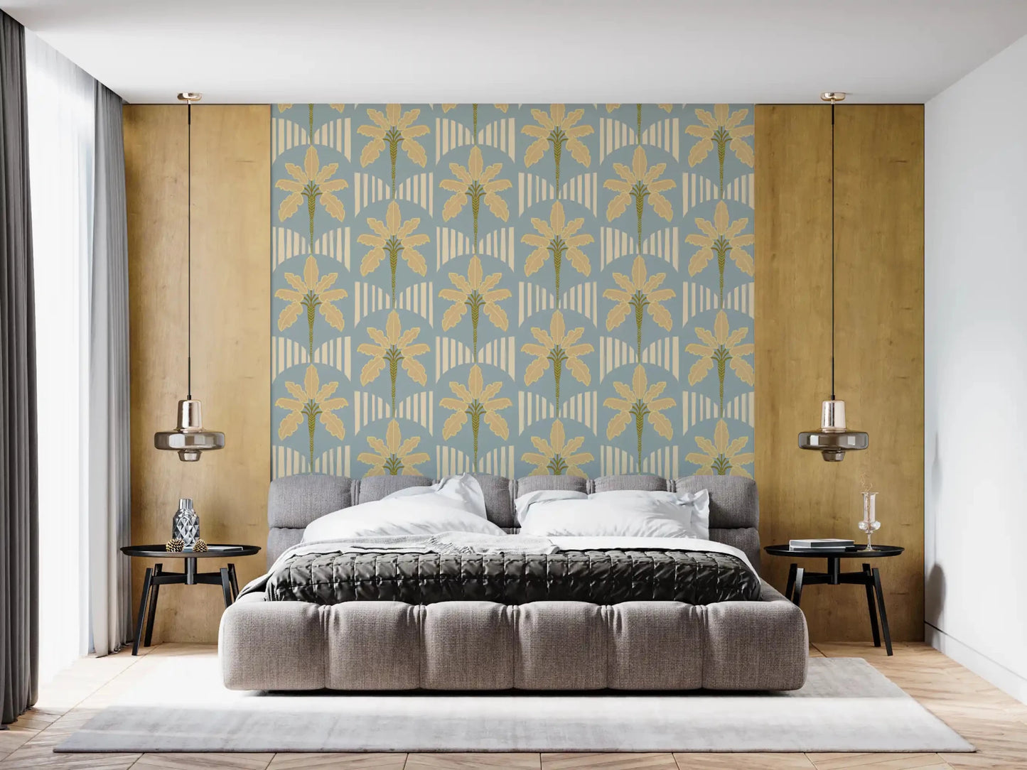 Papier peint à motif d'oasis de palmiers rétro