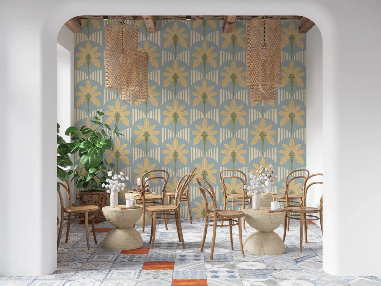 Papier peint à motif d'oasis de palmiers rétro