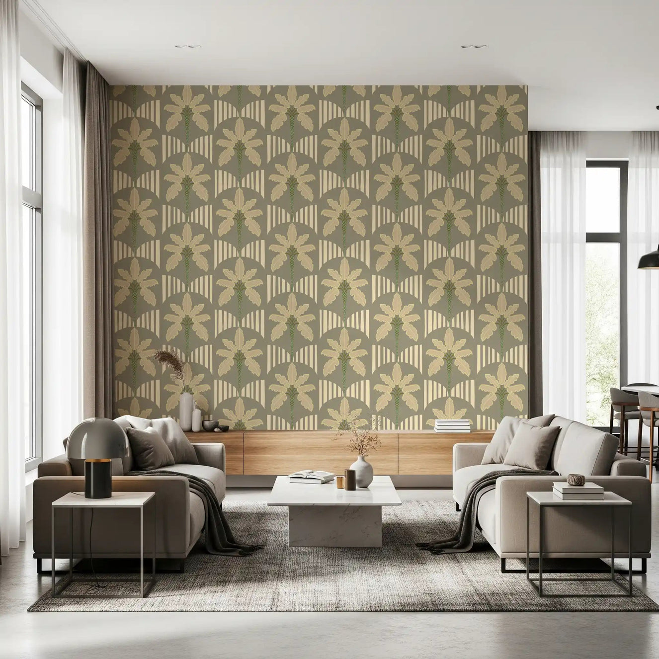 Olive palm wallpaper paired with gold stripe arches in a modern living interior