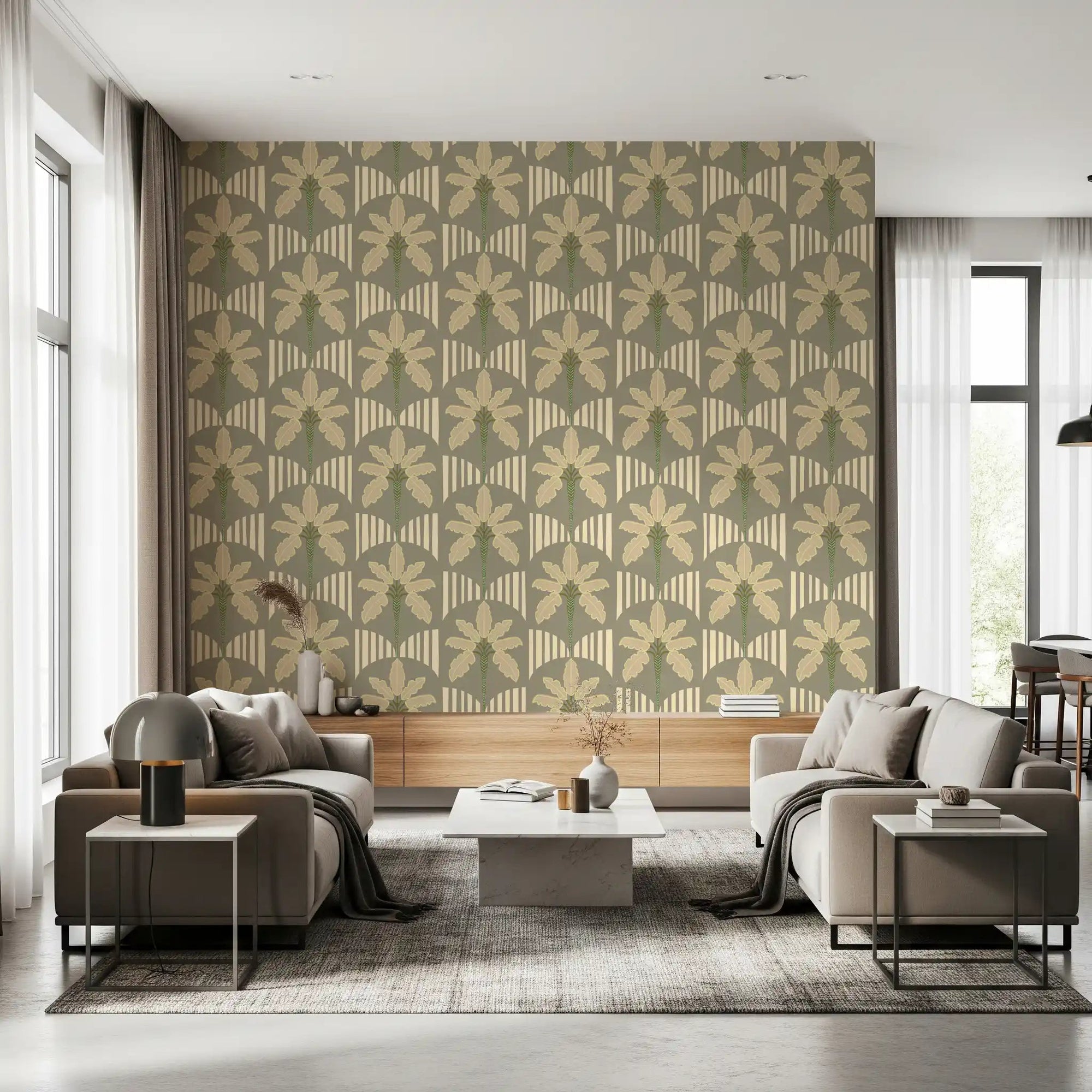 Olive palm wallpaper paired with gold stripe arches in a modern living interior