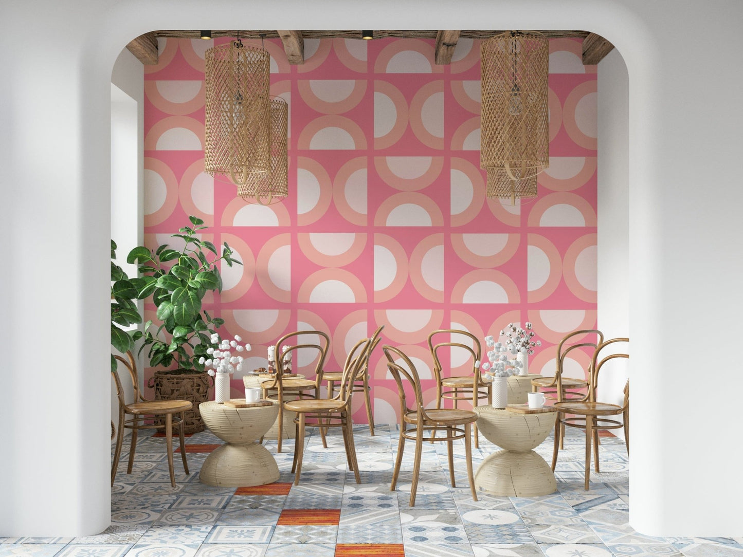 Chic peach and white shapes form this wall mural.