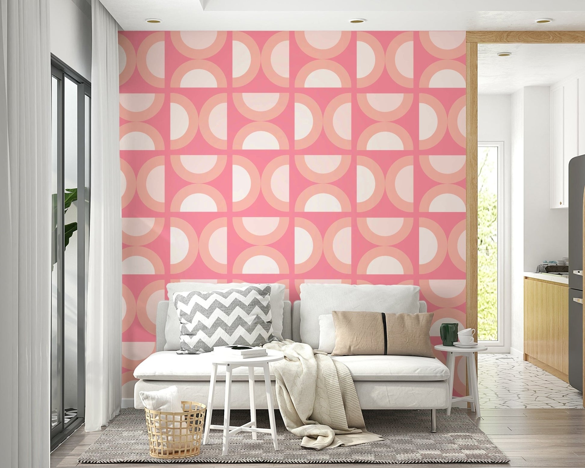 Artistic geometric motifs anchor this peach wall mural.