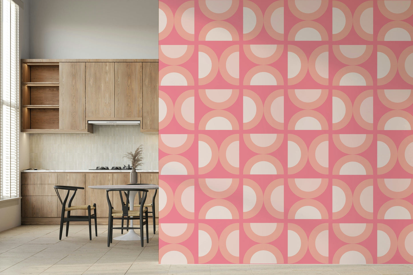 Contemporary Retro Peach Arcs wall mural, a circular repeating background.