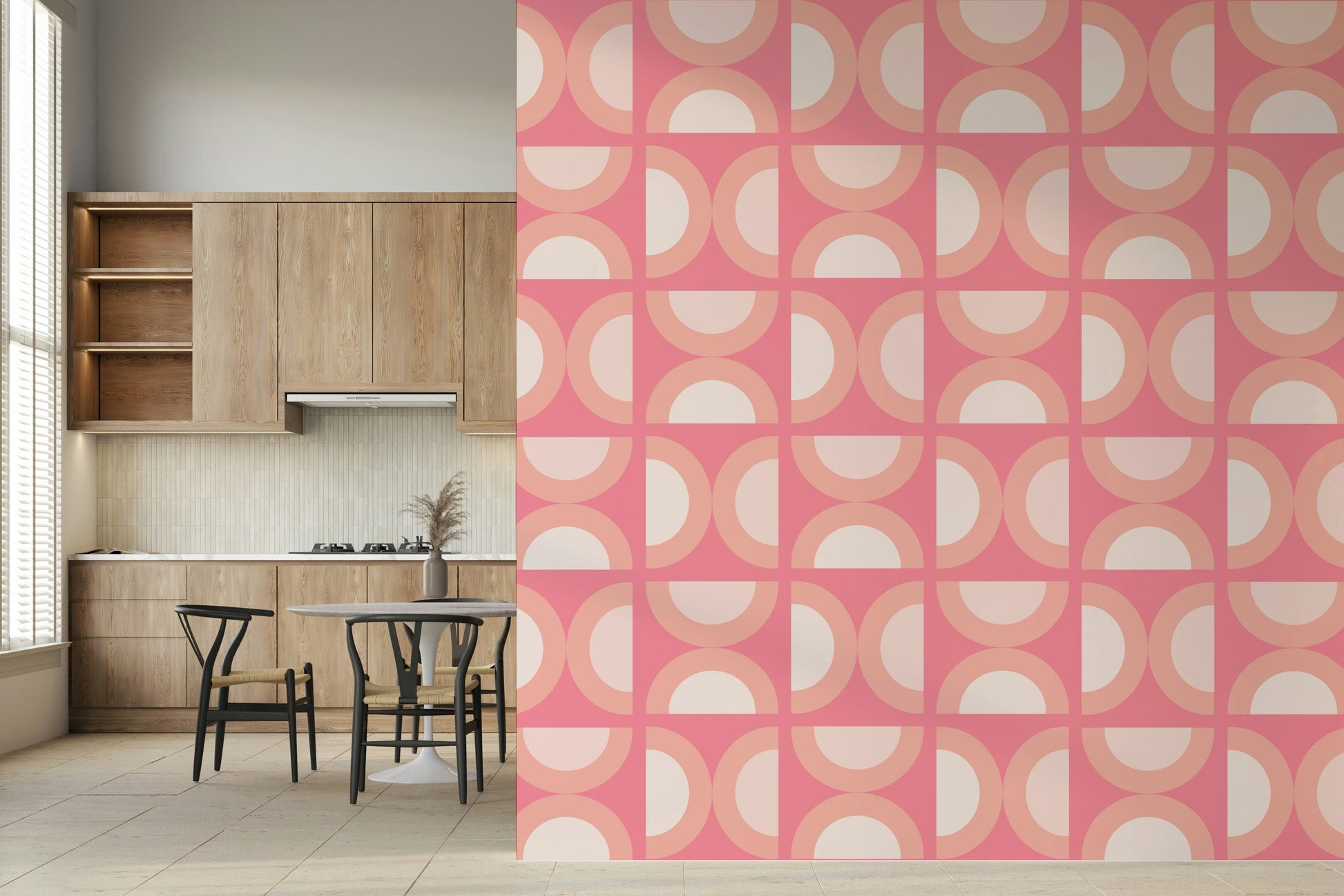 Contemporary Retro Peach Arcs wall mural, a circular repeating background.