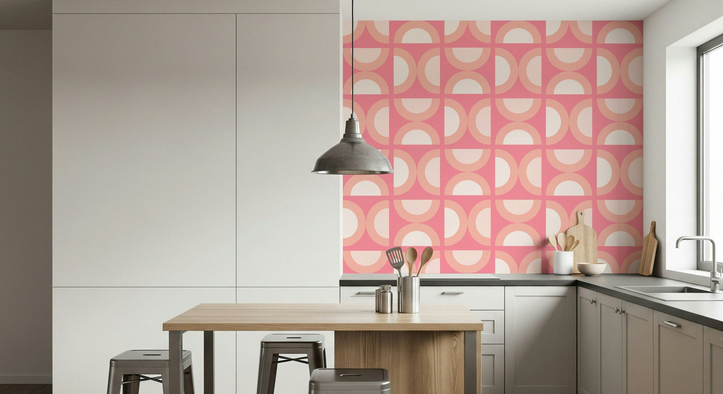 Soft pink and peach circle pattern wall mural, Retro Peach Arcs style.