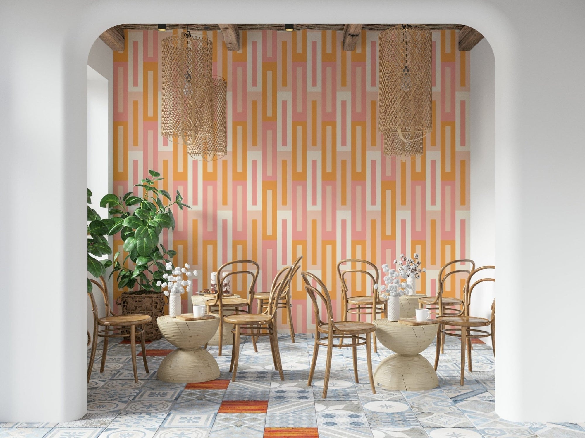 Retro Peach Maze wallpaper mural with orange and pink bars behind bentwood chairs in a tiled cafe