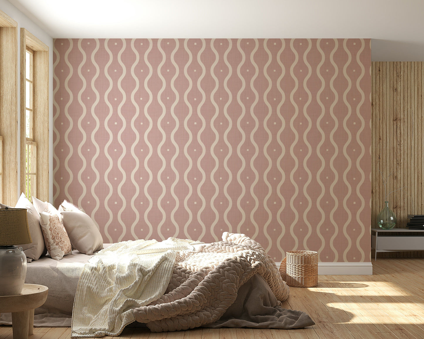 Groovy interior wallpaper, undulating columns, blush color palette.
