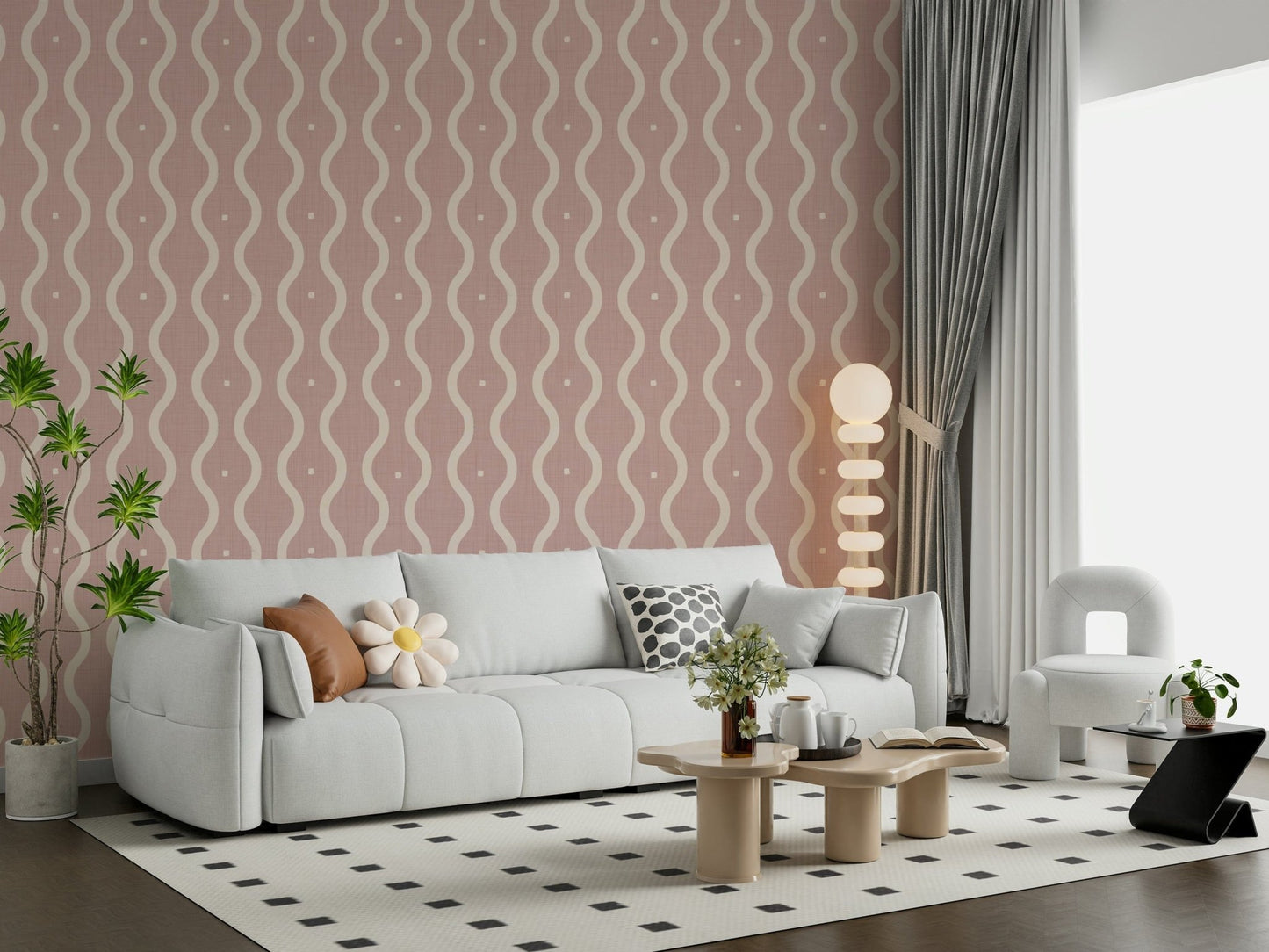 Vintage wall mural, muted pink backdrop, creamy flowing lines.