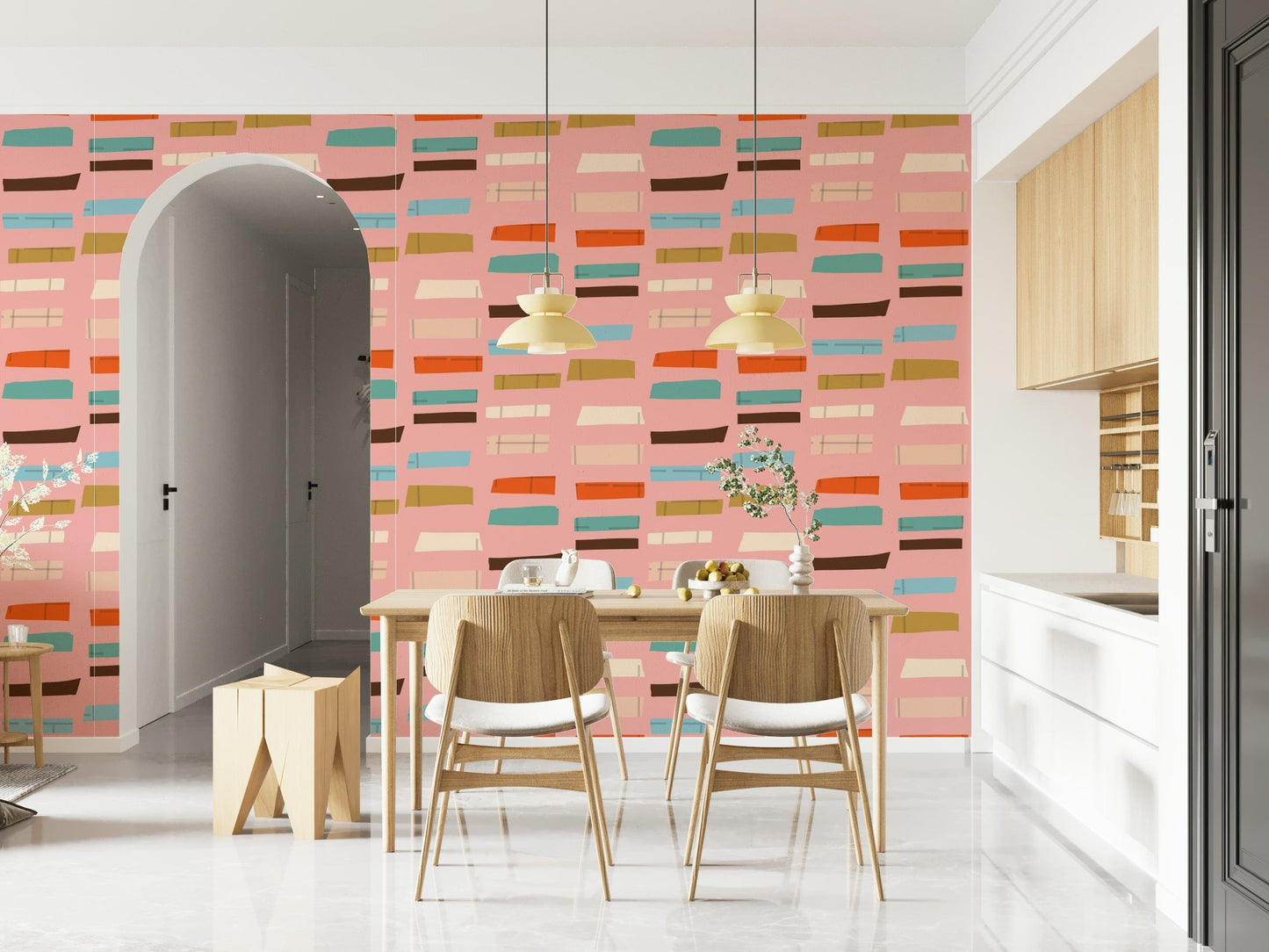 Retro wall mural featuring various colored rectangles on a pink background.