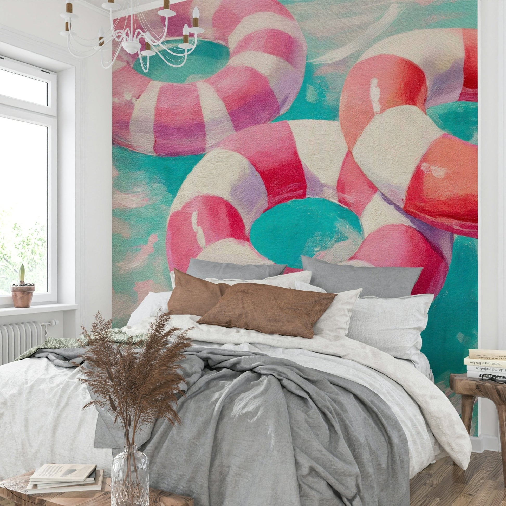 Vintage-inspired mural of mid-century pool scene

