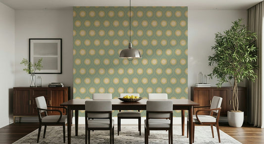 Elegant Retro Radiance wall mural Decorative repeating circles with radiating golden fringe.