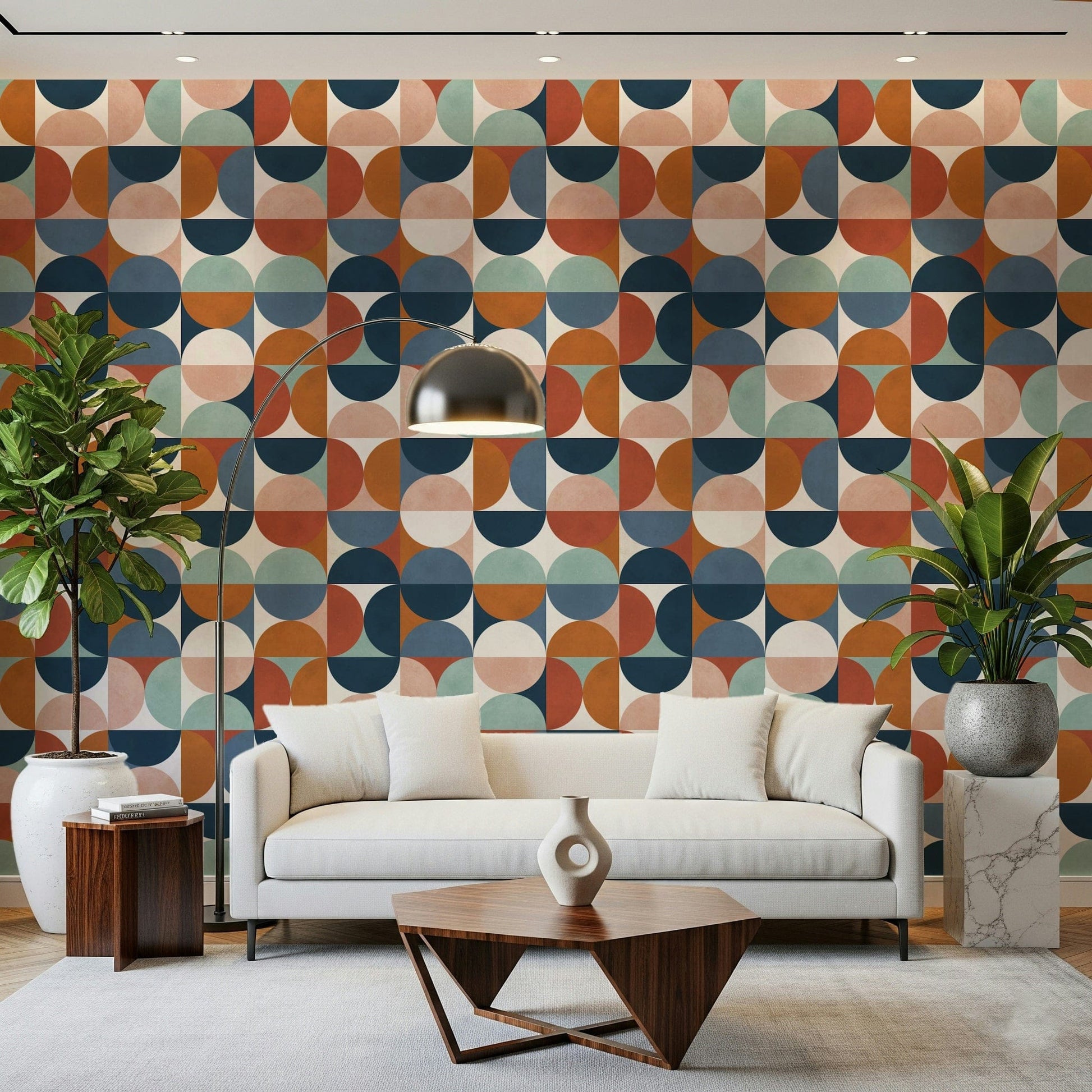 Colorful geometric wallpaper in earthy retro tones
