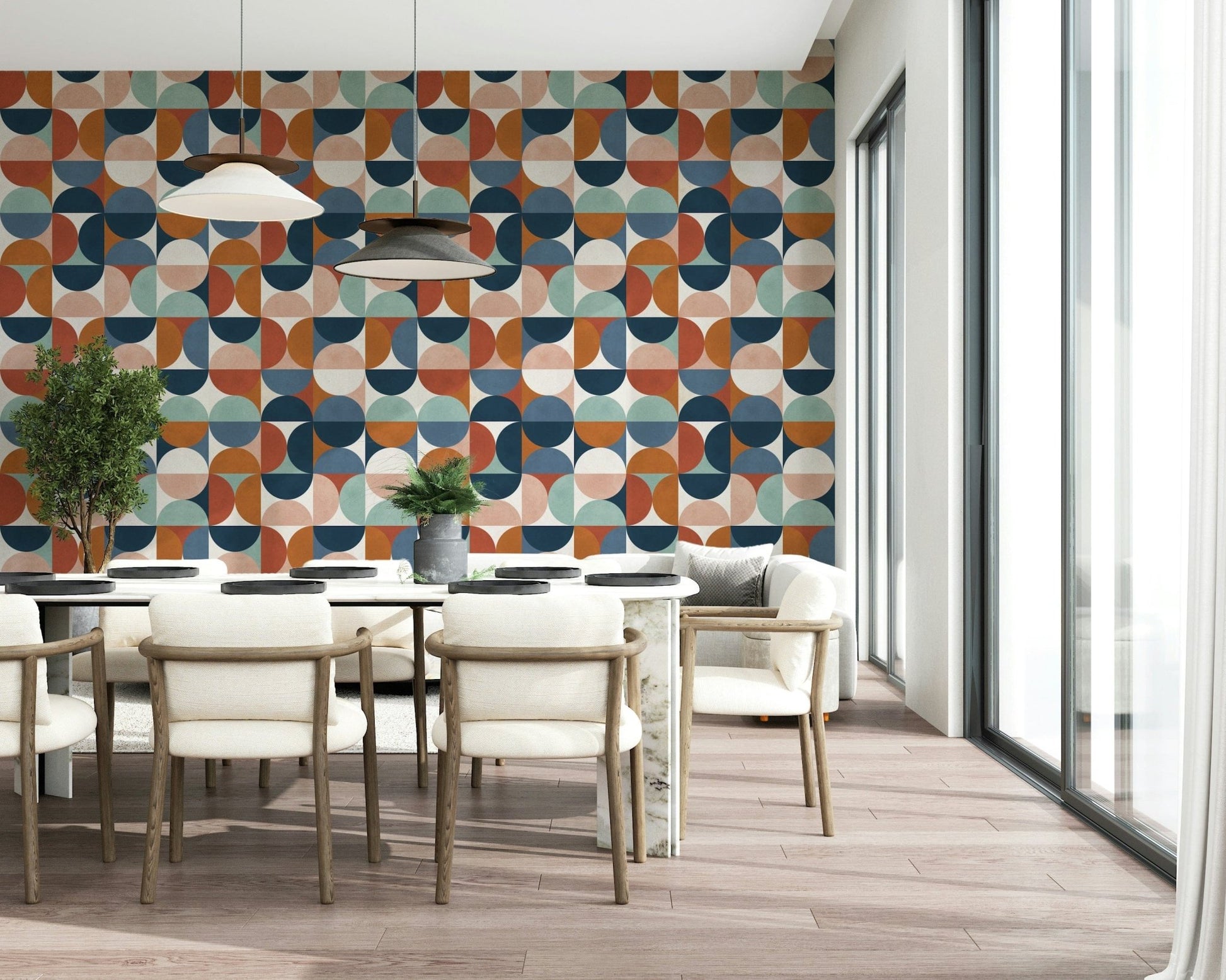 Scandinavian style geometric wallpaper in warm hues