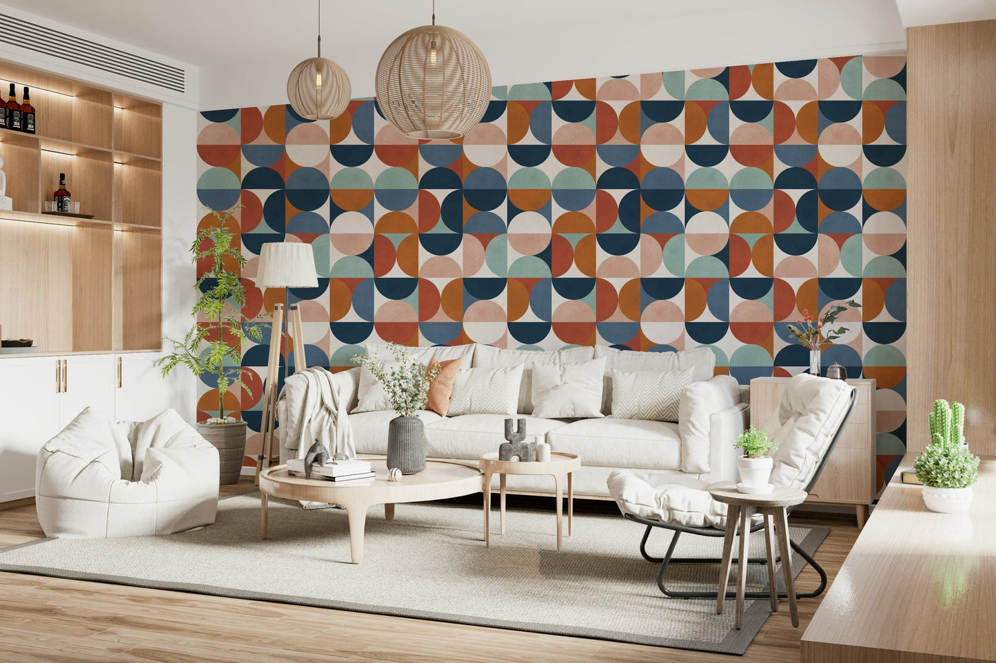 Retro Rhythm wallpaper terracotta blue pink mint circles.