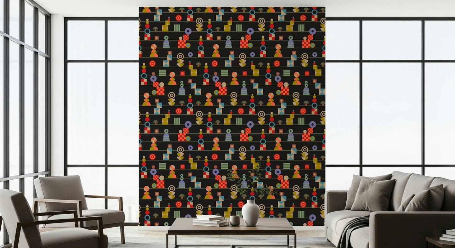 A charcoal wallpaper decorated with repeated stacked geometric shapes in vivid retro hues.