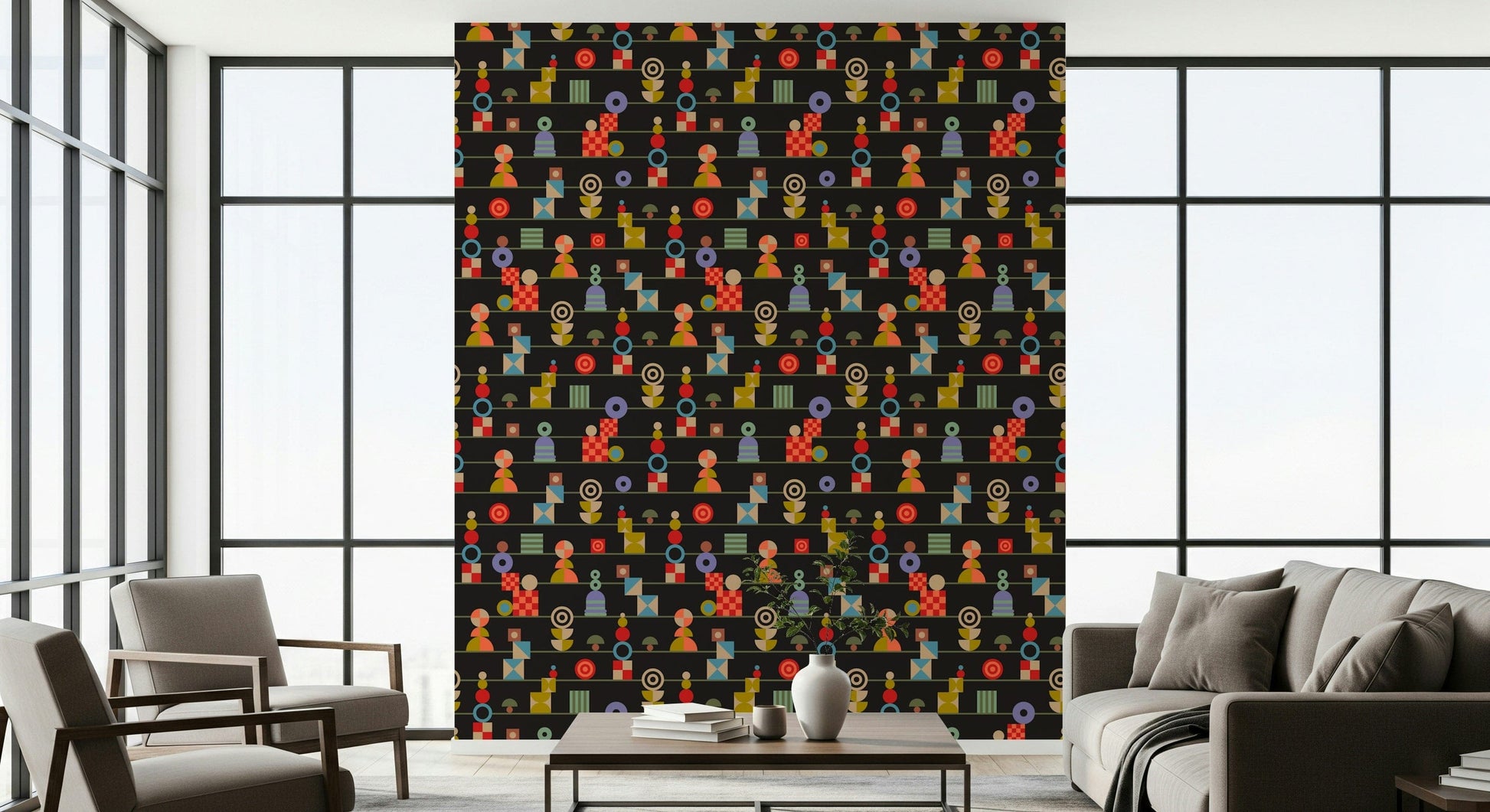 A charcoal wallpaper decorated with repeated stacked geometric shapes in vivid retro hues.