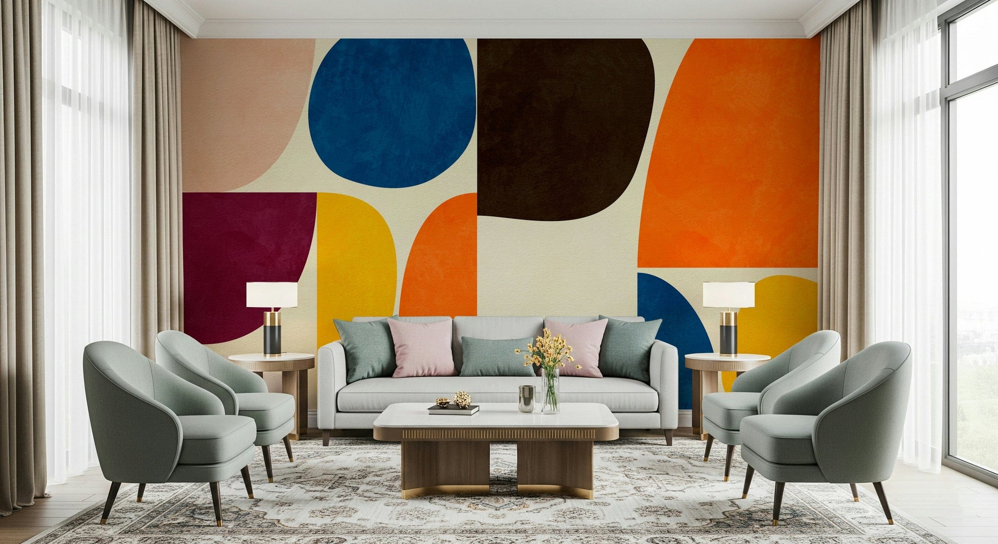 A peaceful retro abstract mural on decorative wallpaper.