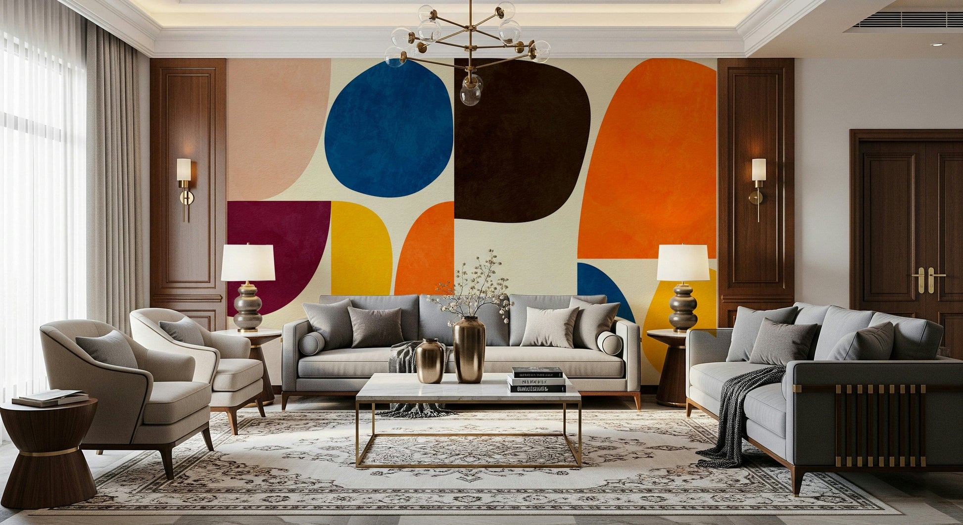 An artistic retro design mural on minimalist wallpaper.