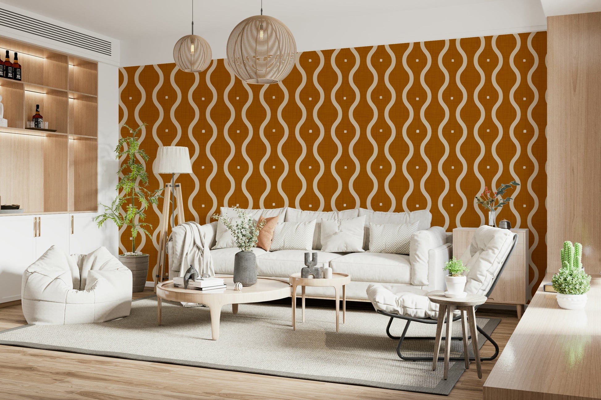 Retro Waves in Sienna, bold curved lines, textured aesthetic wall covering.