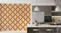 Warm retro wallpaper with repeated terracotta interlocking shapes and star embellishments.