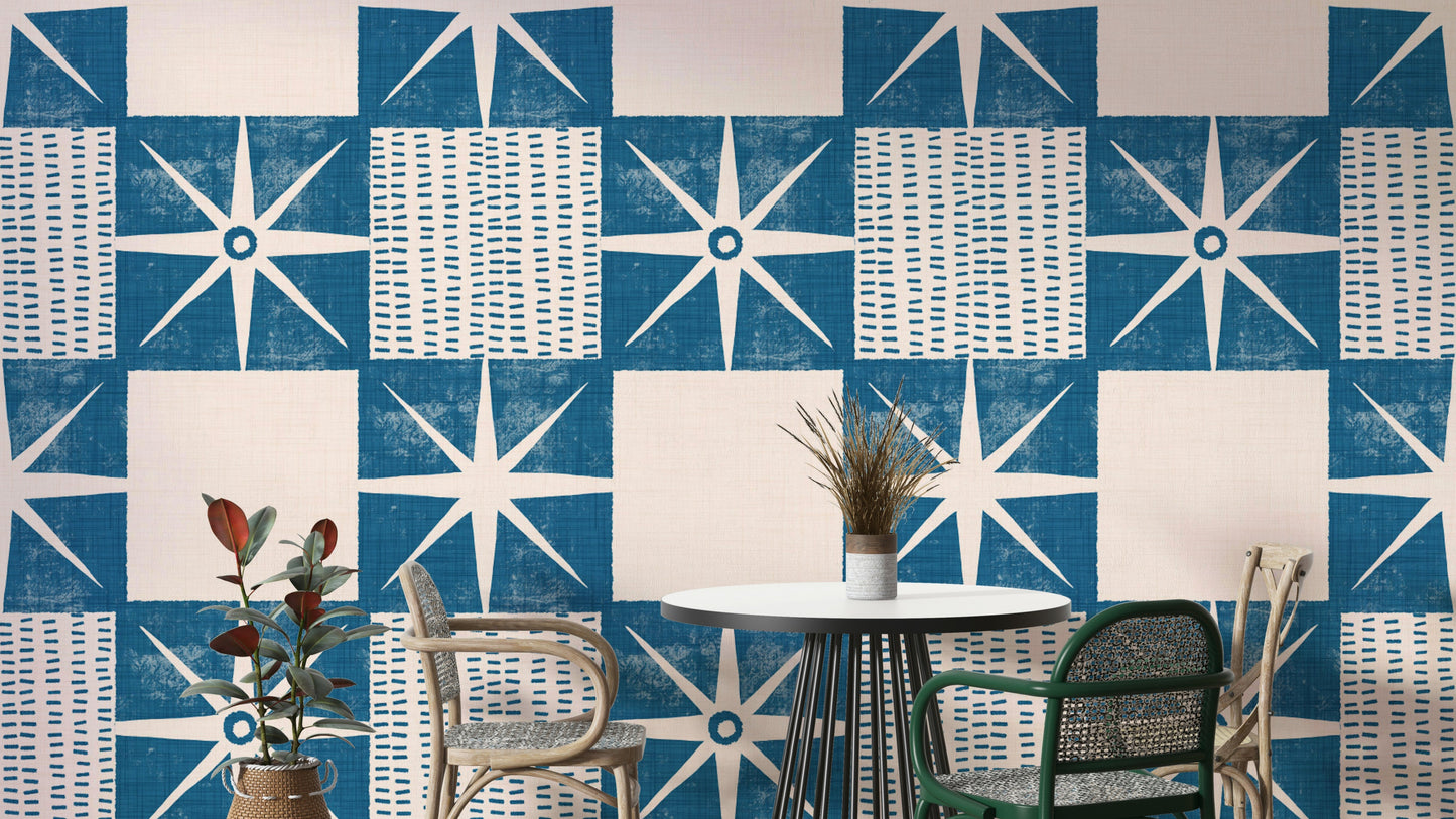 Retro starburst quilt block pattern in indigo blue

