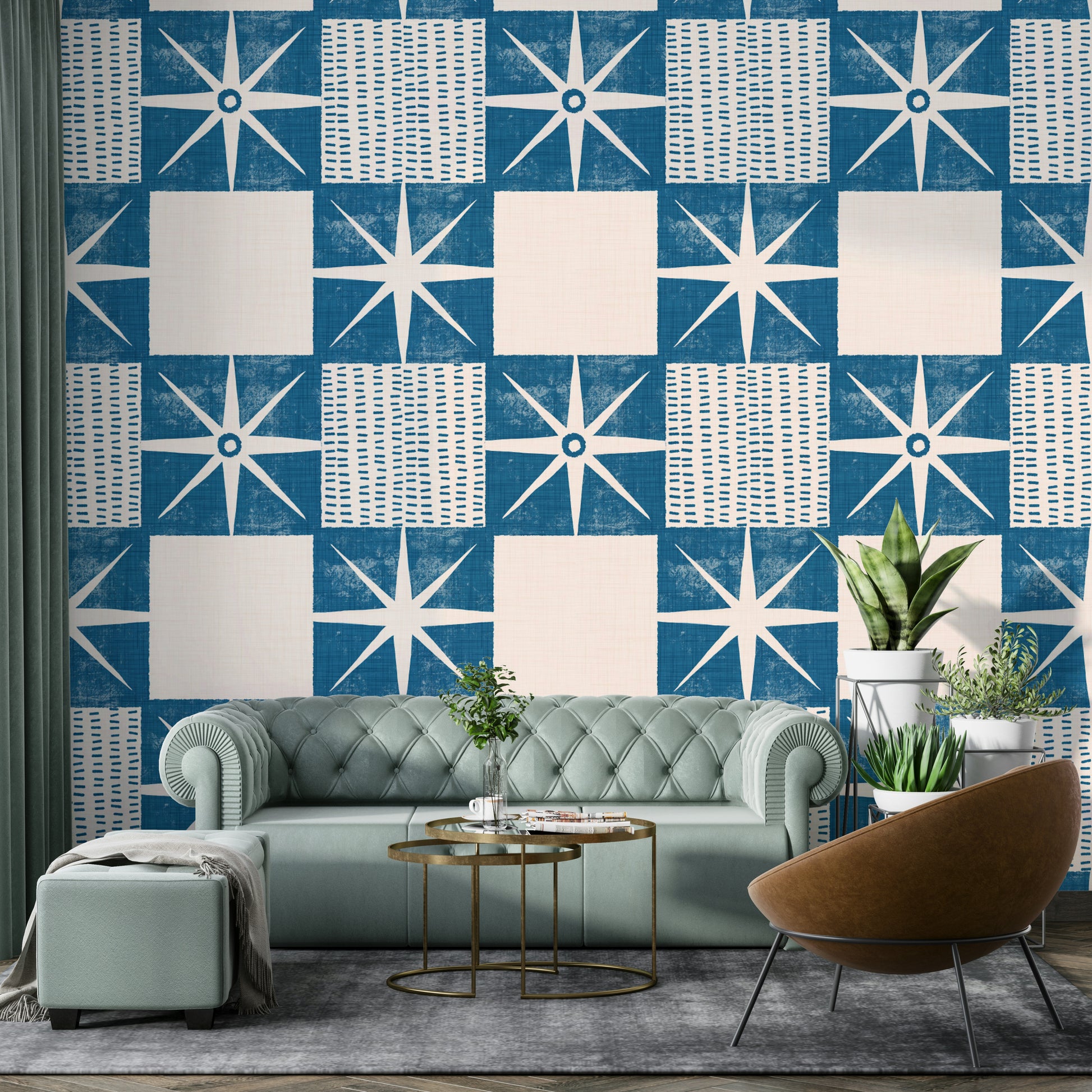 Mid-century modern starburst pattern in indigo shade

