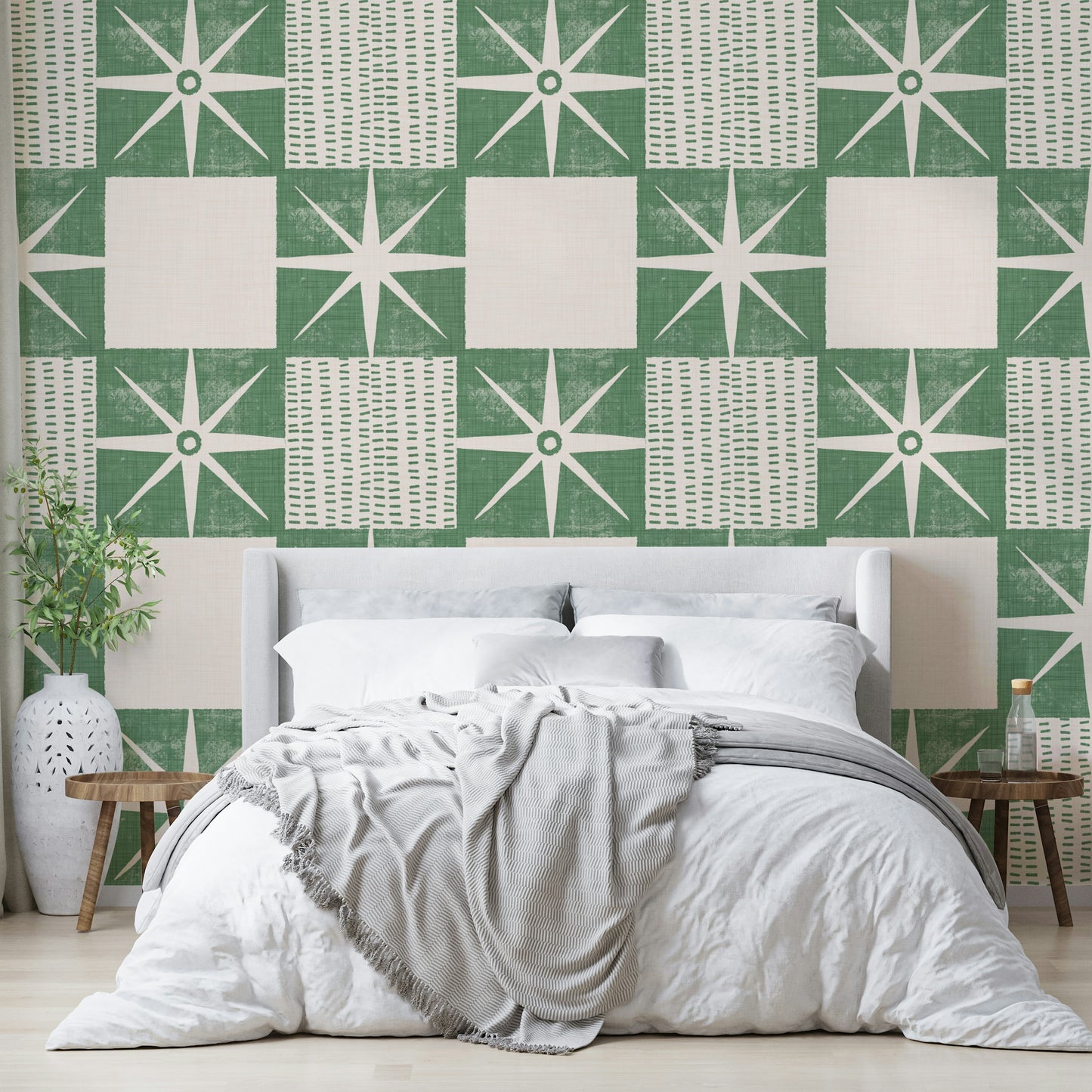Mid-century quilt block starburst wallpaper pattern

