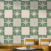 Sage mid-century starburst design wallpaper close-up

