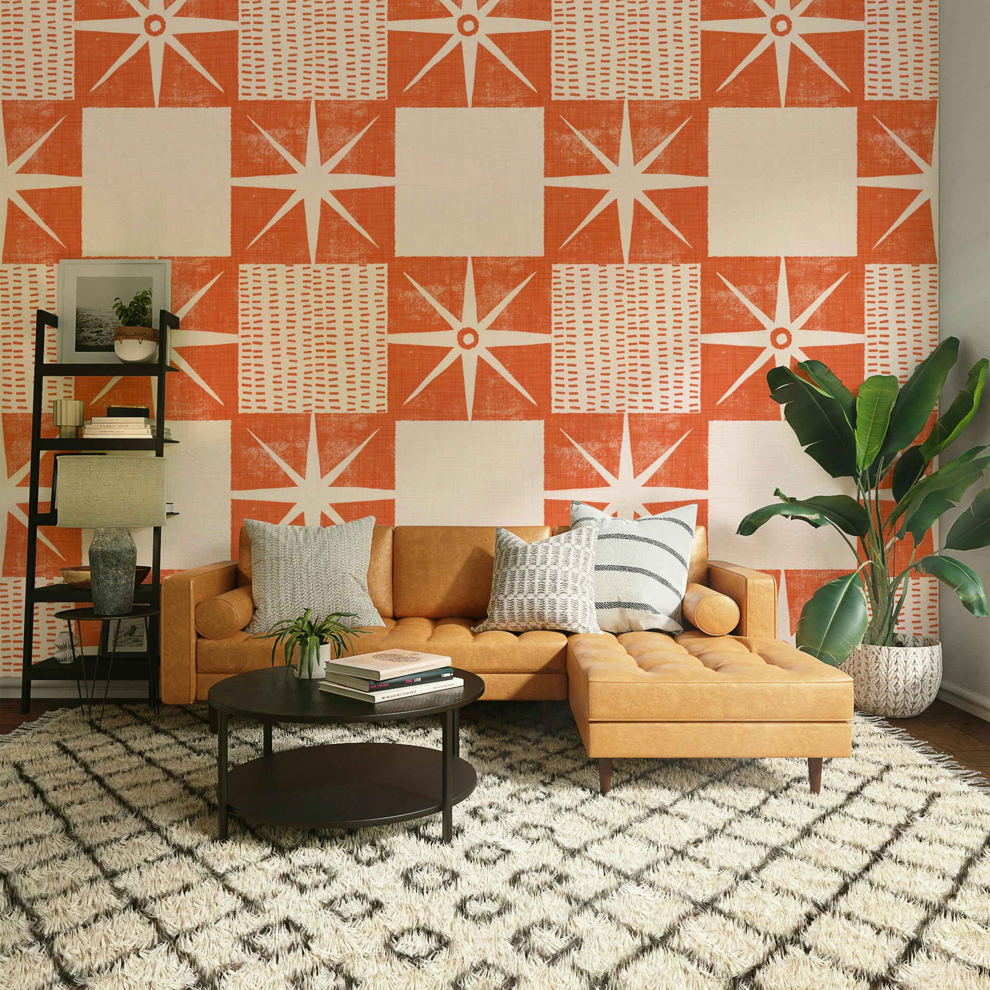 Salmon orange mid-century minimalist starburst pattern

