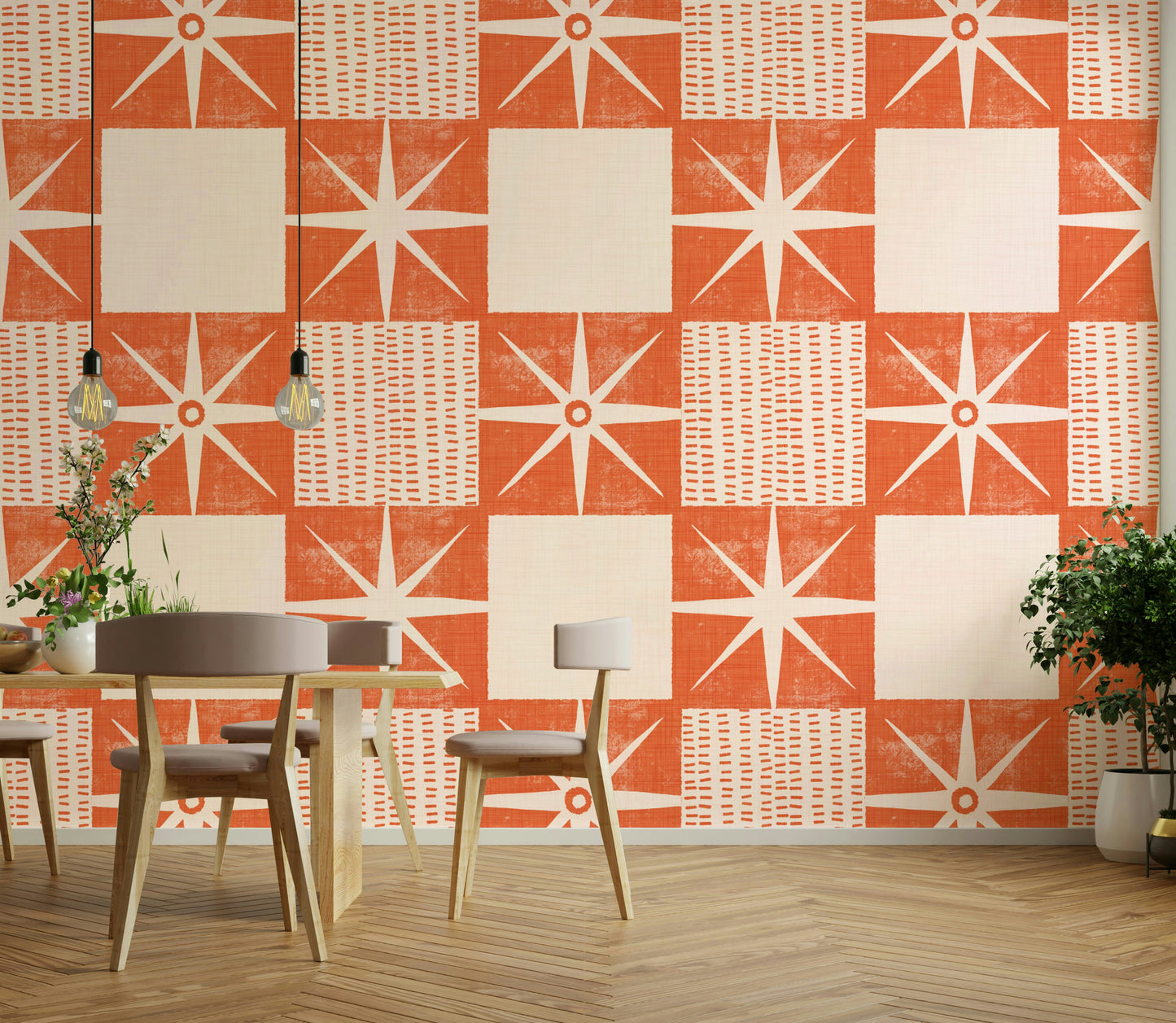 Retro quilt block wallpaper with salmon orange tones

