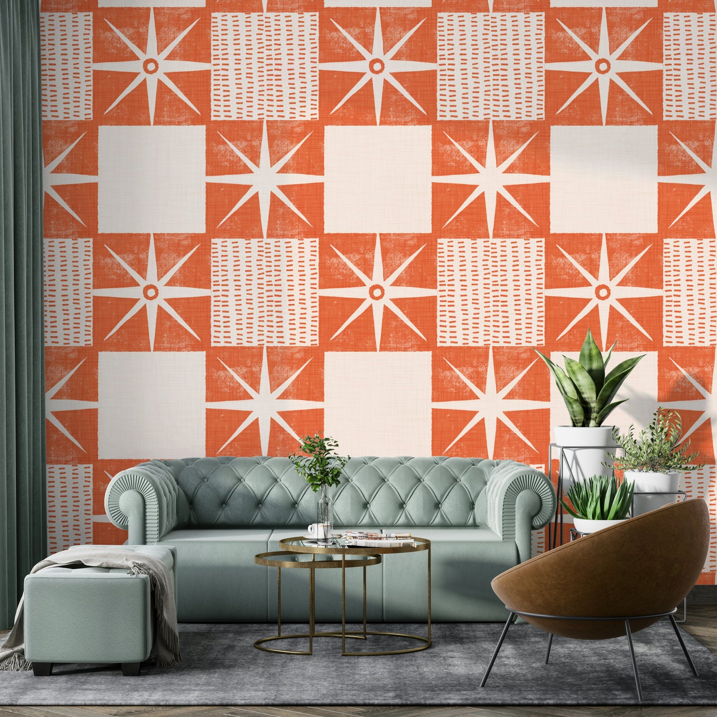 Salmon orange starburst pattern on minimalist wallpaper

