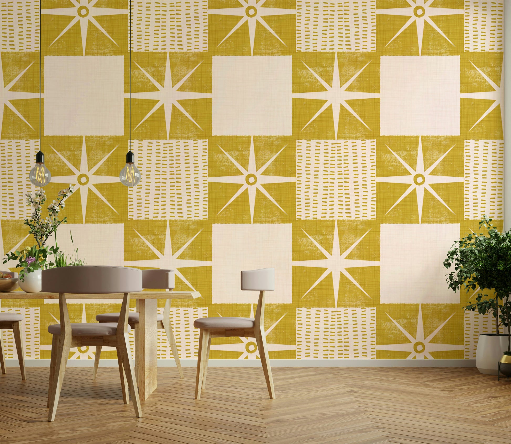 Retro minimalist mustard yellow quilt block wallpaper

