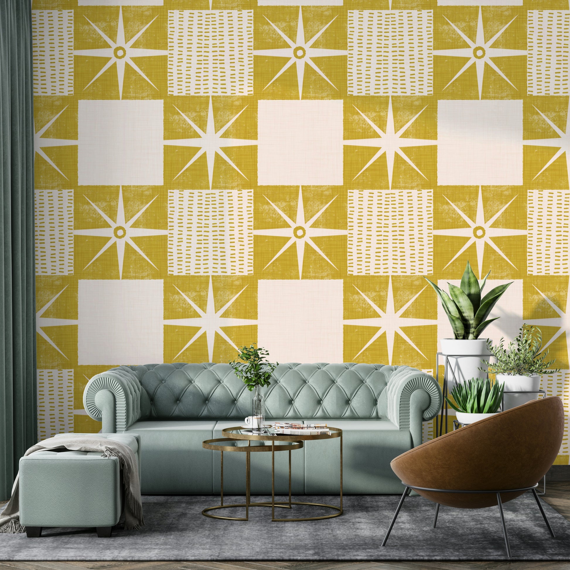 Mid-century retro starburst wallpaper pattern in yellow

