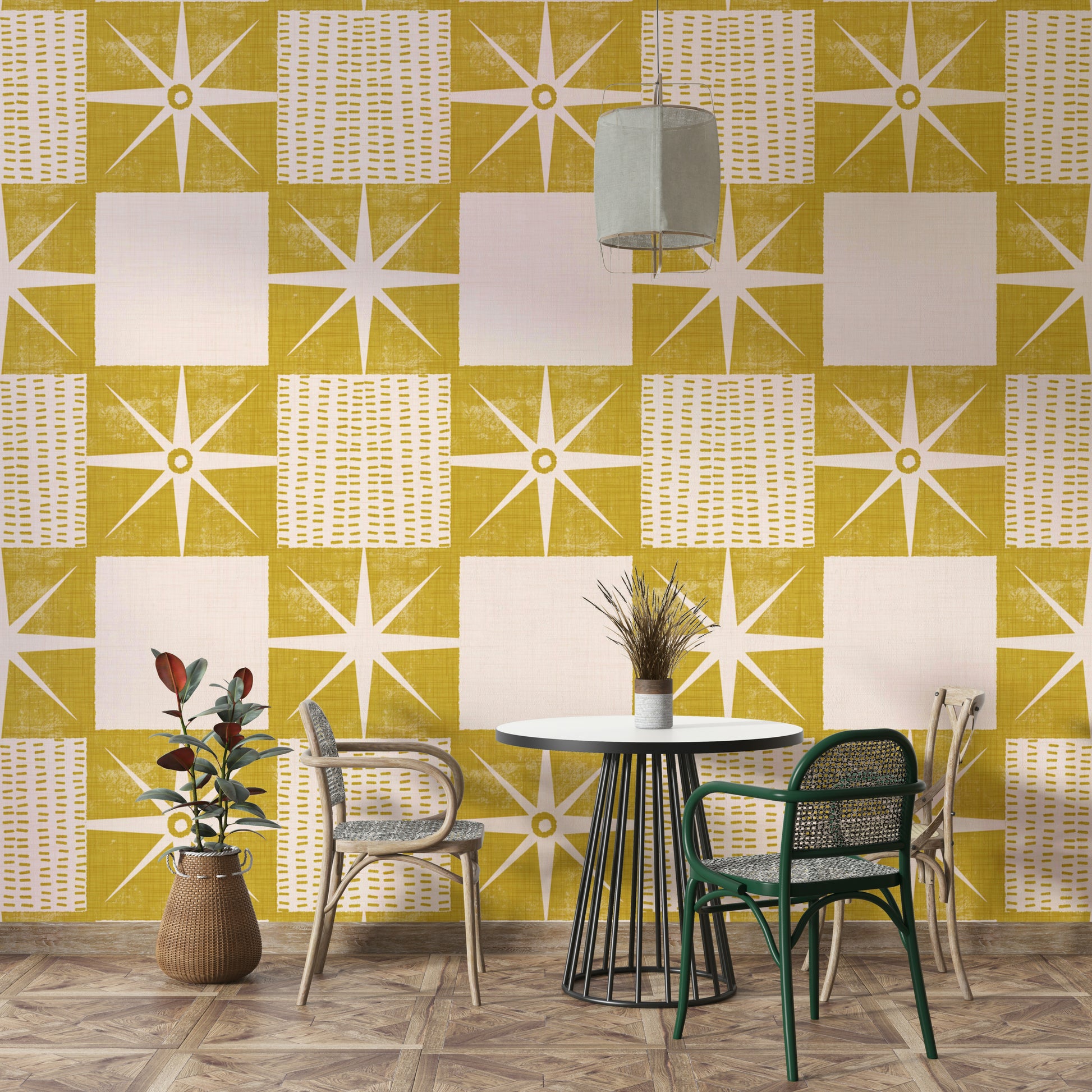 Vintage-inspired starburst quilt wallpaper in yellow

