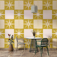 Vintage-inspired starburst quilt wallpaper in yellow


