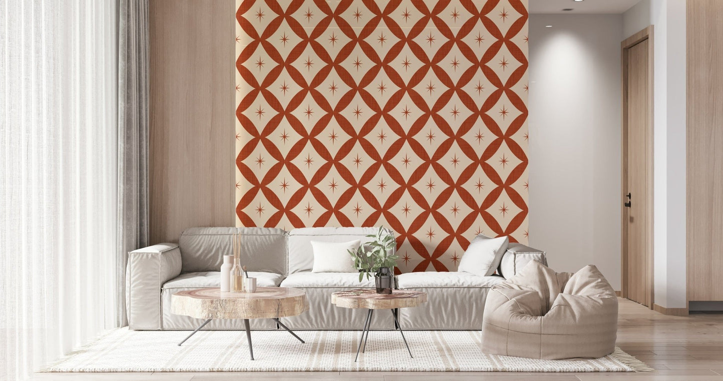 Vintage wallpaper showcasing repeating terracotta diamonds and delicate star details.