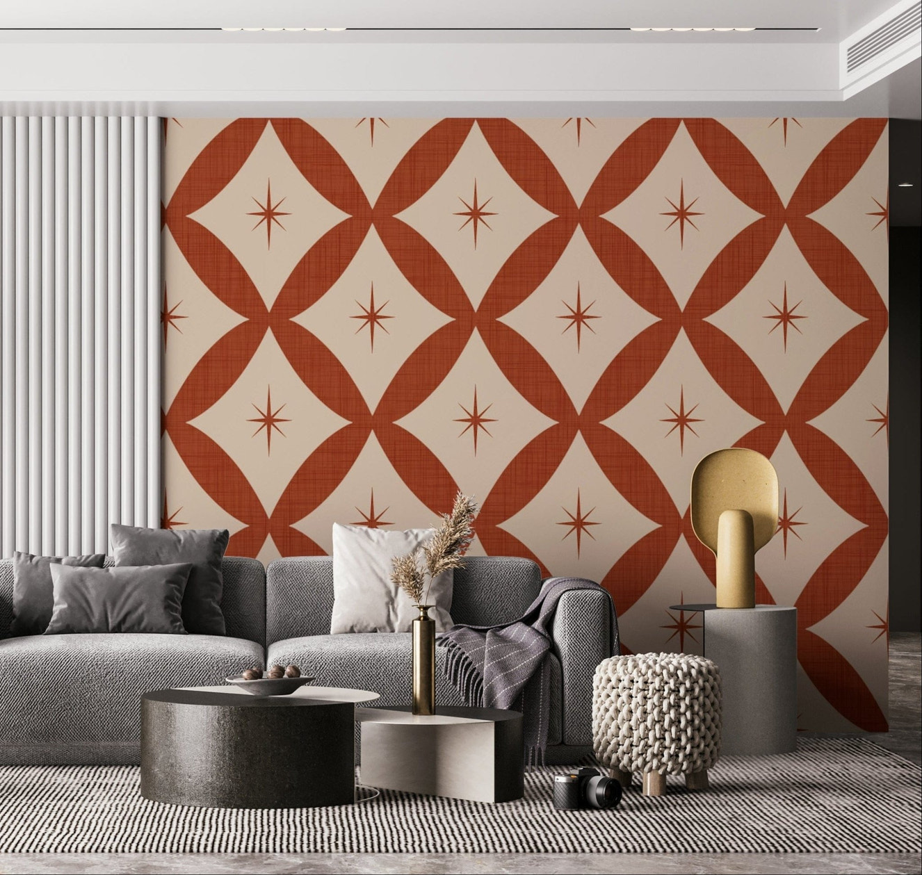 Mid-century inspired wallpaper with geometric tile patterns and bold starburst accents.
