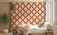 Decorative wallpaper featuring warm-toned diamonds paired with minimalist starburst designs.
