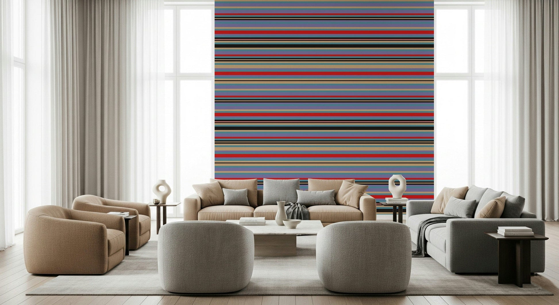 Dramatic Playtime Stripes mural, rich tones, colorful room decoration.
