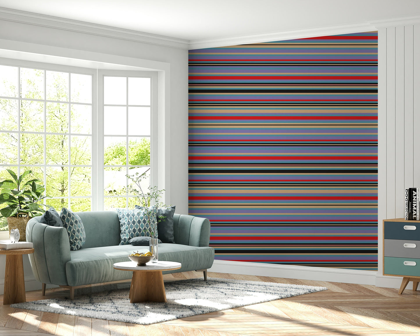 Wide band Playtime Stripes removable wallpaper; black, tan, purple accents.
