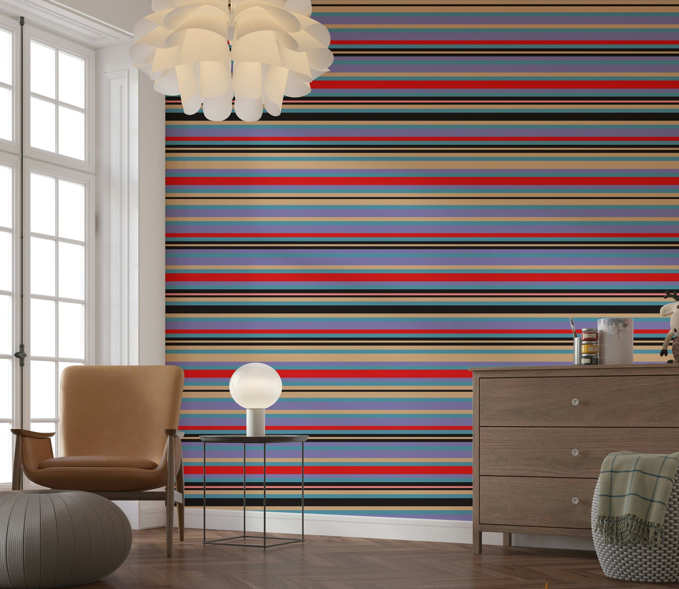 Playtime Stripes wallpaper for walls: bold colors, horizontal bands, accent wall.