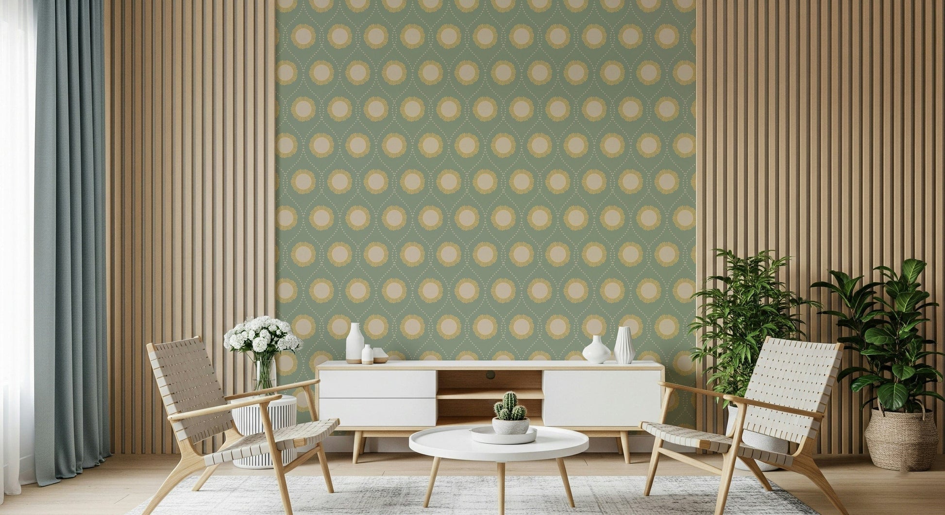 Sage green wallpaper with delicate beige dot pattern, Retro Radiance suns.