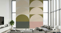 Artistic wall mural featuring a retro-style sunrise over a serene abstract landscape.