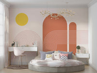 Sunset-inspired mural in warm orange and pink hues

