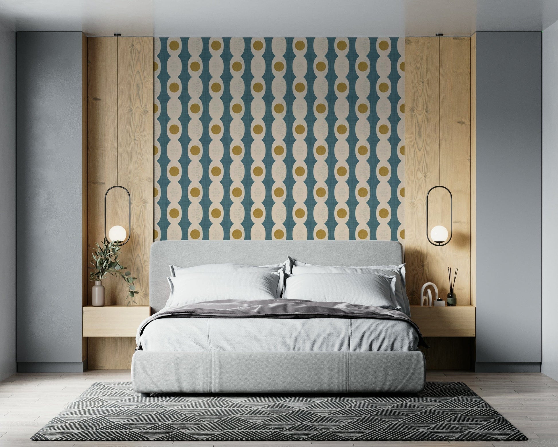 Bold retro fusion pattern featuring mixed geometric forms and vintage flair.