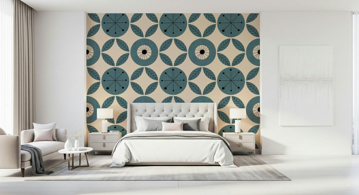 A patterned wallpaper featuring teal disk shapes combined with four-leaf geometric formations.